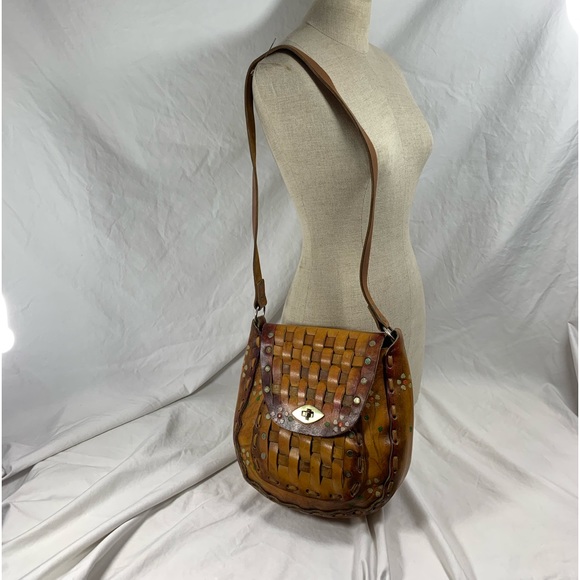 Vintage tan brown leather hand tooled semi structured shoulder bag with flowers - Picture 8 of 15